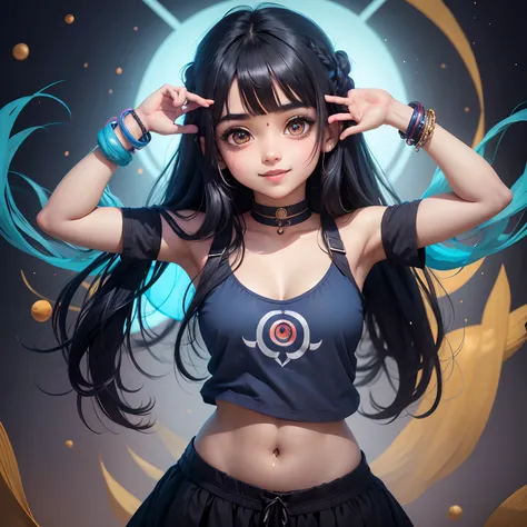 Anime sanatani hindu girl, face: cuteness and smiling with tribhoot third eye on her head and written Radhe Radhe on her chiks, eyes: cute and blue colour, clothes: modern clothes blue colour, hair: half black and half blue with best hairstyle, background:...