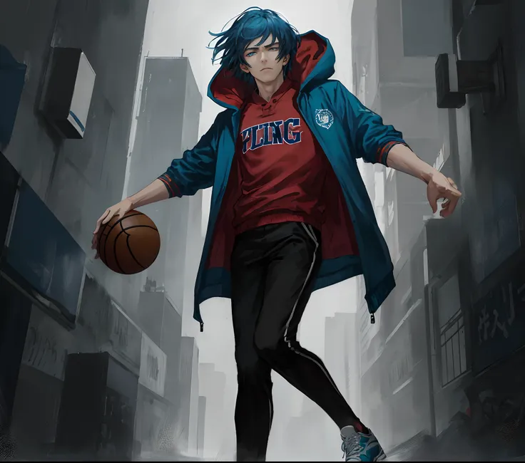 Tall, 185 cm, anime, 2d realistic art style, highly  detailed, stoic face, serious eyes, sharp eyes, blue/cyan ocean eyes, dark blueish hair, great lightning, athletic build, serious face, cold, short messy hair, arms inside pocket, wearing blue jacket, bl...