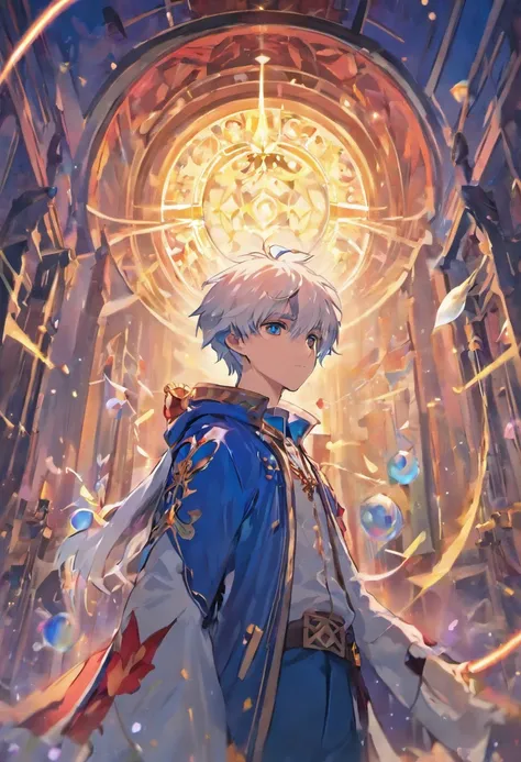 (masterpiece) , (best quality) , (ultra - detailed), young cute boy , half blue half red eyes , short white hair , wear white magician jacket and wizard hat , bring magician staff , fantasy world , night , moon , stars, castle, the upper part of the body ,...