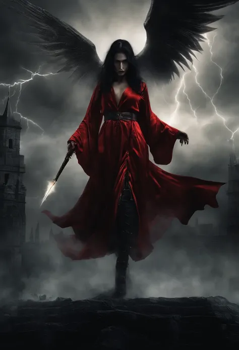 Beautiful Succubus, long Black hair, brown eyes, (((Short bright Red robe, Wings))), holding staff, (((lightening coming from staff))), (((supernatural lighting))), (((Mystical fog))), Rainy night, (((wizard tower in background))). Photo realistic, 8k post...