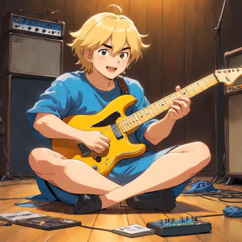 A golden haired dude with 1980s heavy metal rock star haircut style, sits on a floor, having happy electric guitar improvisation, professional cinematic music cover illustration of British color comic maestro Don Lawrence, masterpiece color comic style