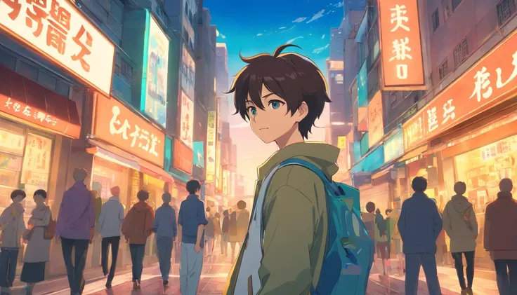 A boy, transformed into an anime style, with exaggerated unique facial features and clothing, standing on a bustling city street, backlit background highlighting the subject, high-contrast colors, 4K high-definition quality，young, smiling, cute girl ,sexy ...