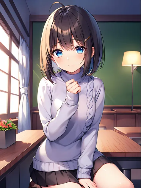 kawaii　a beauty girl　A dark-haired　short-haired　bob cuts　fluffy hair　light blue  eyes　((Black sweater))　turtle neck　long-sleeve　Moe Sleeve　Pants stockings　Brown boots　Flower Garden　Schools　((high-level image quality　hightquality　ultra-detailliert　8K)) Only...