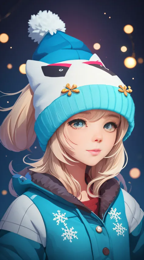 A detailed illustration of a print of a colorful cute cat wearing russinan winter hat and holding snowflake , fantasy splash frost, modern t-shirt design, in the style of Studio Ghibli, light white and blue pastel tetradic colors, 3D vector art, cute and q...