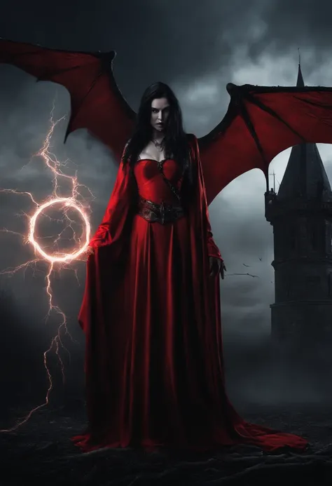 Beautiful Succubus, long Black hair, brown eyes, (((Short bright Red robe, Wings))), holding staff, (((lightening coming from staff))), (((supernatural lighting))), (((Mystical fog))), Rainy night, (((wizard tower in background))). Photo realistic, 8k post...