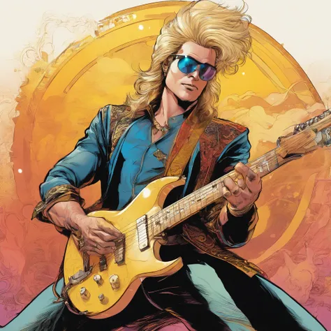 A golden haired dude with 1980s heavy metal rock star haircut style, sits on a floor, having happy electric guitar improvisation, professional cinematic music cover illustration of British color comic maestro Don Lawrence, masterpiece color comic style