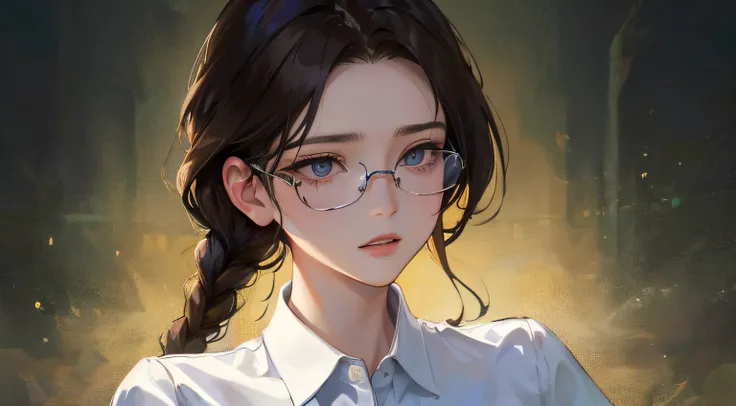 (((1人の女性)))、(Top resolution、Distinct_image) best qualtiy、((The Darkness)))、​masterpiece、((back lighting))),ighly detailed、Semi-realistic、Brown hair、eye glass、Braided hairstyle、deadpan、bangss、20yr old、年轻、((white  shirt))、delicated facial features、Facial fea...