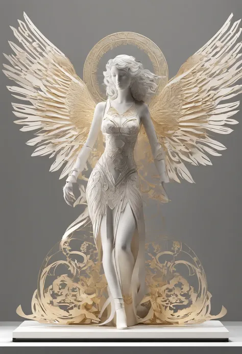 Mechanical style, God theme, (1 Mechamic Female Angel, Anatomically correct, Full body, golden wings, Standing, Circular base), Black and white background, (3d rendered, Best Quality, detaileds, masutepiece, offcial art, Cinematic lighting, 4K, Chiaroscuro...