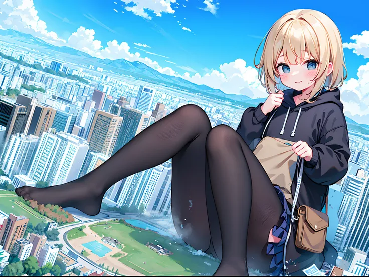 1girll,，Clouds， view over city， mountain ranges， Masterpiece, Best quality, Highly detailed,Masterpiece,Best quality,offcial art,Extremely detailed Cg Unity 8K wallpaper，{{{Giantess}}}，Giant，1girll，{Black stockings}，modern miniature city，A cold expression，...