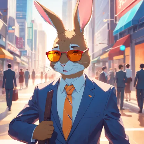 Artistic rendering of rabbit in business suit and sunglasses, Bright and colorful background, Rendered in 8K hyperrealism.