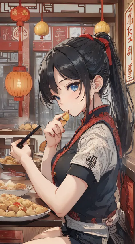 top-quality、Top image quality、​masterpiece、girl with((18year old、Best Bust、Medium bust、Bust 85,Beautiful blue eyes、Breasts wide open,Black V-shaped T-shirt、Red cardigan with half sleeve、Black short skirt、Ponytail with black hair、Eating ramen、delighted expr...