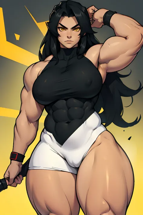 ((((1girl muscular thick thighs)))) pale skin angry black hair very long hair yellow eyes