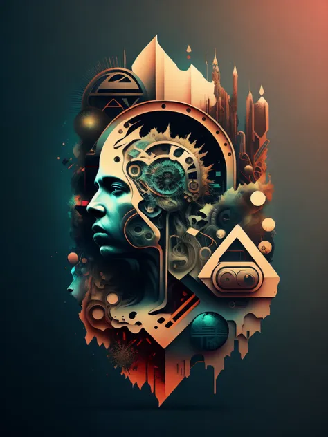 a stylized image of a person's head with a lot of gear in it.