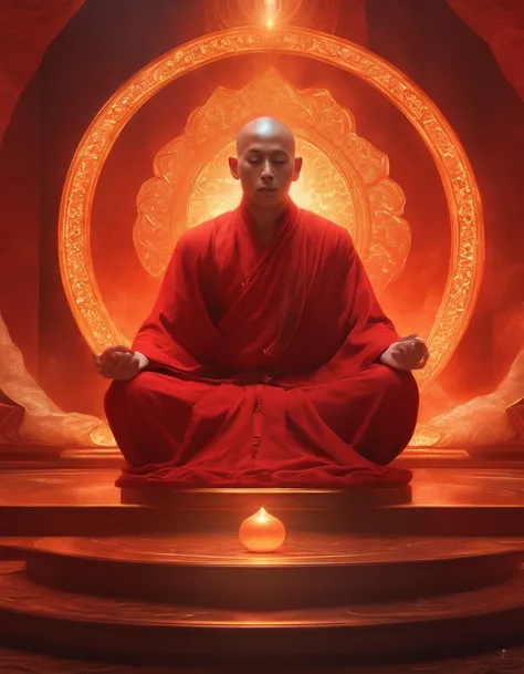 Monk sitting meditating in front of iridescent aura, In the style of red and gold, ArtGerm, uhd image, gongbi, visual harmony, Mystical mechanism, queencore