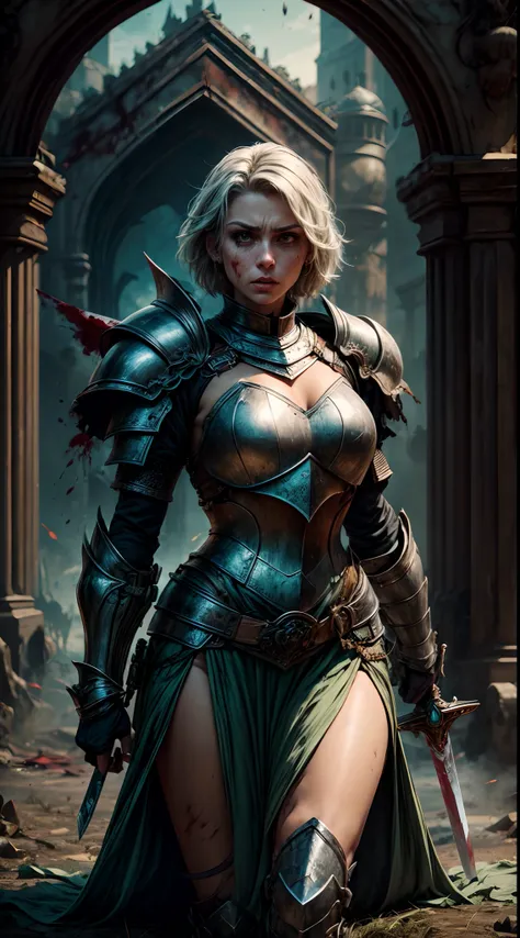 Tia is shown to have a fairly slender figure. She has white-grey hair , she has short hair and large pale green eyes, wearing hot armor and carrying a sword and killing enemies. A lot of blood on her sword, armor, body and face. Many corpses lying on the g...