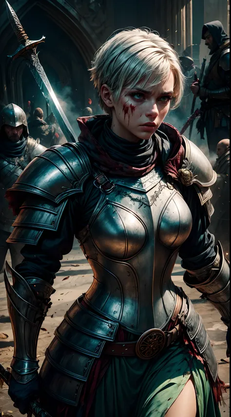 Tia is shown to have a fairly slender figure. She has white-grey hair , she has short hair and large pale green eyes, wearing hot armor and carrying a sword and killing enemies. A lot of blood on her sword, armor, body and face. Many corpses lying on the g...