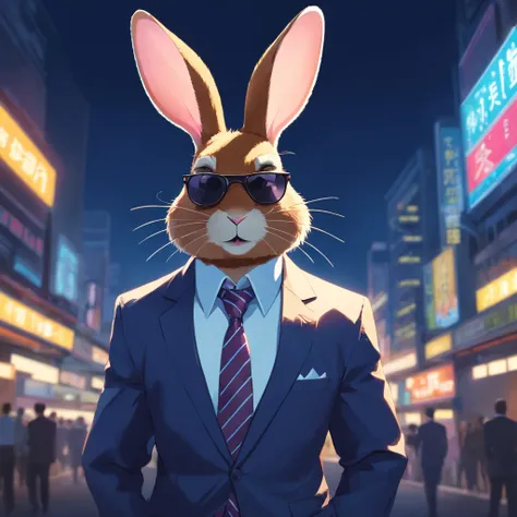 Artistic rendering of rabbit in business suit and sunglasses gangster, dark background, Rendered in 8K hyperrealism.