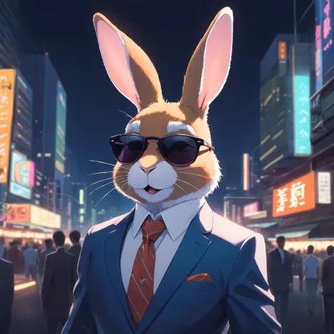 Artistic rendering of rabbit in business suit and sunglasses gangster, dark background, Rendered in 8K hyperrealism.