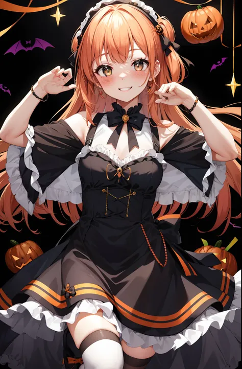 1 girl,holloween theme,smile,blush, happy,holloween outift,nice pose, closed clothes and polite