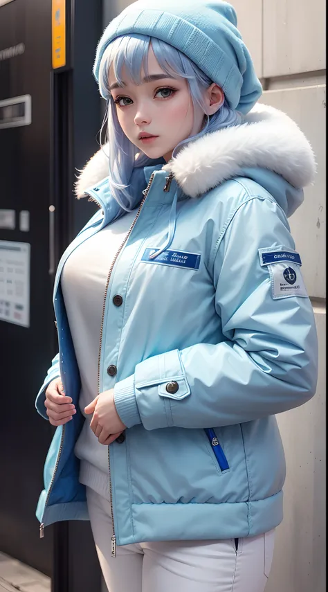 Beautiful girl, polar bear coat, hair colour blue white, super detail, White cloth trousers, holding handphone