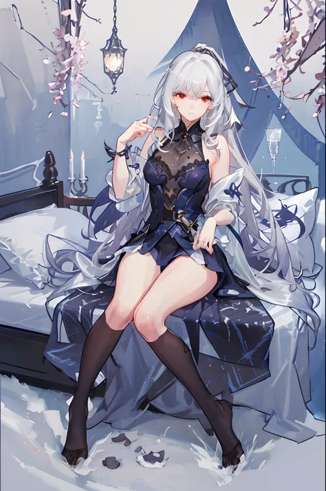 ((high high quality:1.3，illustration，Extraordinary art，8K))，(Mature and charming girl:1.4), ice snow background,Solo, full bodyesbian, Single ponytail,Sitting, Dynamic Angle, breast enhancement, frilld, 3yo, White color hair, long whitr hair, Night, Starry...