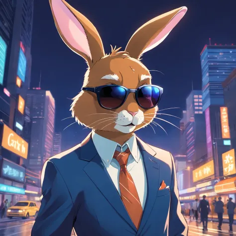 Artistic rendering of rabbit in business suit and sunglasses gangster, vector art style, dark background, Rendered in 8K hyperrealism.