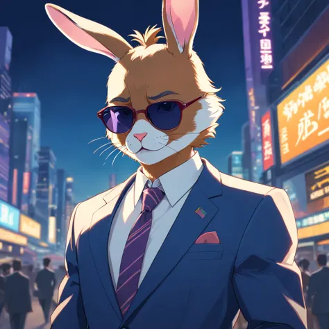 Artistic rendering of rabbit in business suit and sunglasses gangster, vector art style, dark background, Rendered in 8K hyperrealism.