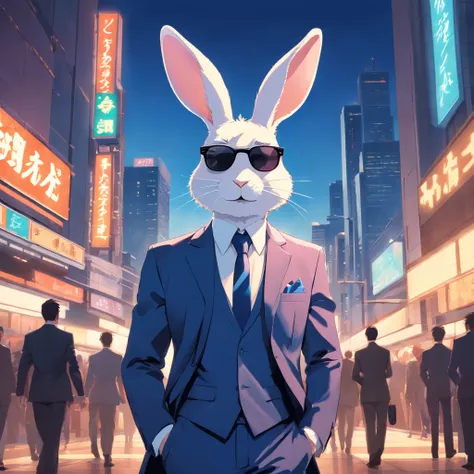 Artistic rendering of rabbit in business suit and sunglasses gangster, vector art style, dark background, Rendered in 8K hyperrealism.