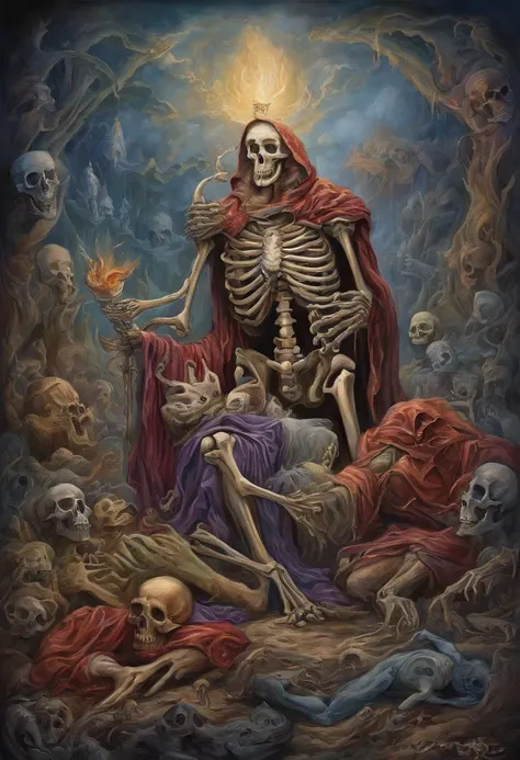 Skeleton King and Lucifer talk in a pile of corpses, fantasia, Complicado, elegante, altamente detalhado, Centrado, simetria, Pintura, Complicado, voluminetric lighting, Beautiful, Uma obra-prima de cores ricas e profundas, foco nítido, ultra-detalhada, no...