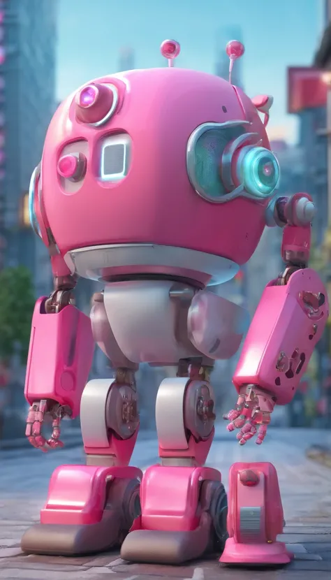 A simple Cute full pink colour robot、Charming ,The background is a street in city