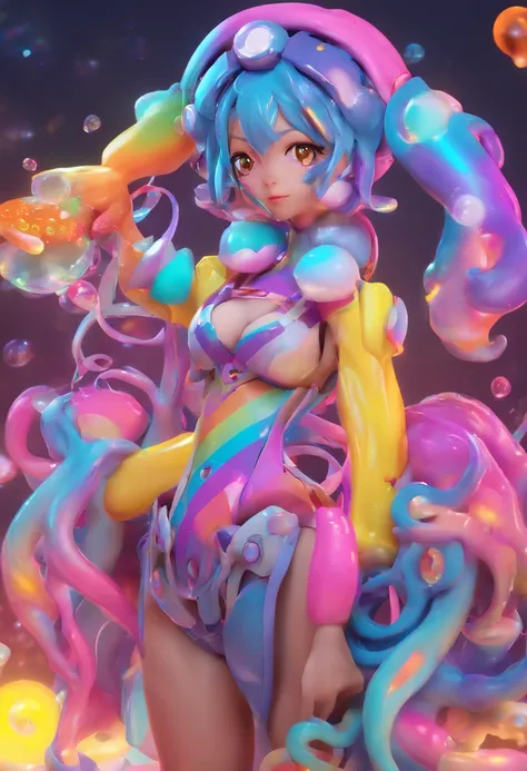 Inque (masterpiece), best quality, expressive eyes, perfect face, (close up), (perfect body), (fully clothed), (detailed faces), (squid girl), (holographic tentacle hair), (perfect ), sfw, (squid hood with glowing tentacles), (giant glowing rainbow squid i...