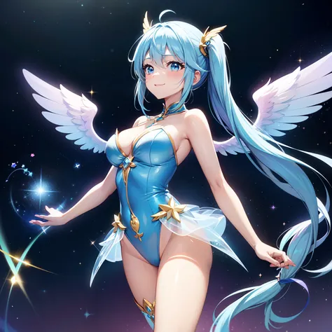 Super Idol　a beauty girl　A charming smile　sky blue hair　length hair　Twin-tailed　Glittery bright pink and white and blue and yellow leotards　Facing straight ahead、arms spread wide、Spread 6 large iridescent angel wings on the back　Mystical　Spectacular sparkl...