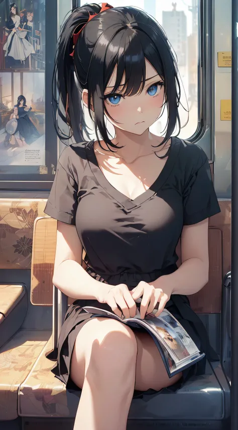 top-quality、Top image quality、​masterpiece、girl with((18year old、Best Bust、Medium bust、Bust 85,Beautiful blue eyes、Breasts wide open,Black Short Sleeve T-Shirt、Red cardigan with short sleeves、Black short skirt、Ponytail with black hair、sitting in the seat、R...