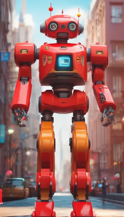 A simple Cute full Red colour robot、Charming ,The background is a street in city