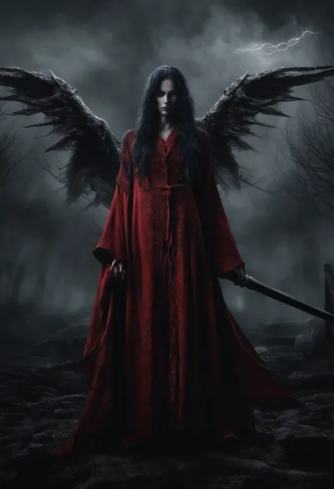 Beautiful Succubus, Black hair, Red eyes, Runic Tattoos, bones, (((Short bright Red robe, Wings))), holding staff, (((lightening coming from staff))), (((supernatural lighting))), Eerie, nightmarish, (((Mystical fog))), Rainy night, (((wizard tower in back...