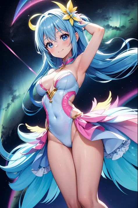 Super Idol　a beauty girl　A charming smile　sky blue hair　length hair　Twin-tailed　Glittery bright pink and white and blue and yellow leotards　facing front　Angel large wings on the back 7 colors　Mystical　Fantasia　constellation　a moon　Crystal Brilliance　Aurora...