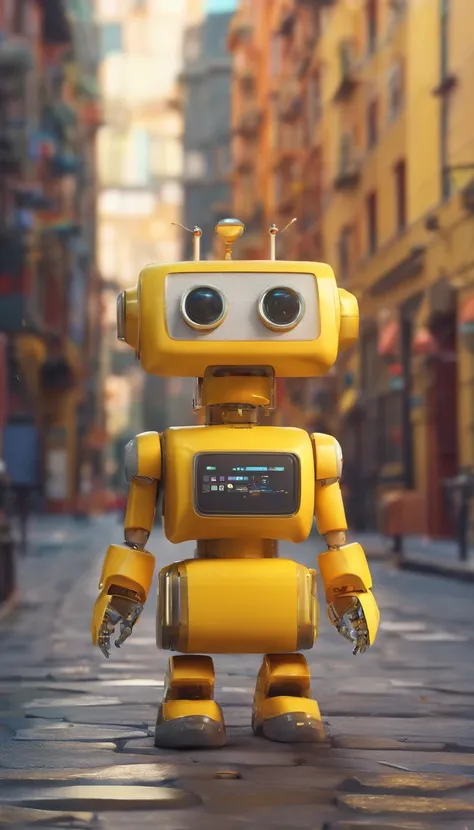 A simple Cute full Yellow  colour robot、Charming ,The background is a street in city