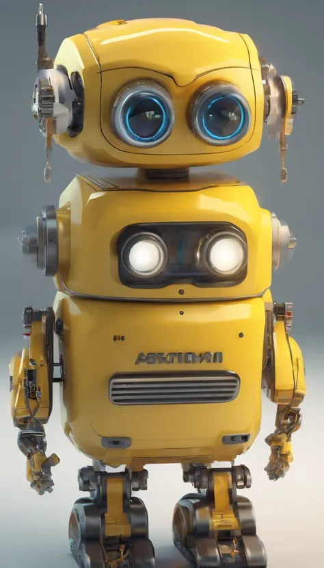 A simple Cute full Yellow  colour robot、Charming ,The background is a street in city