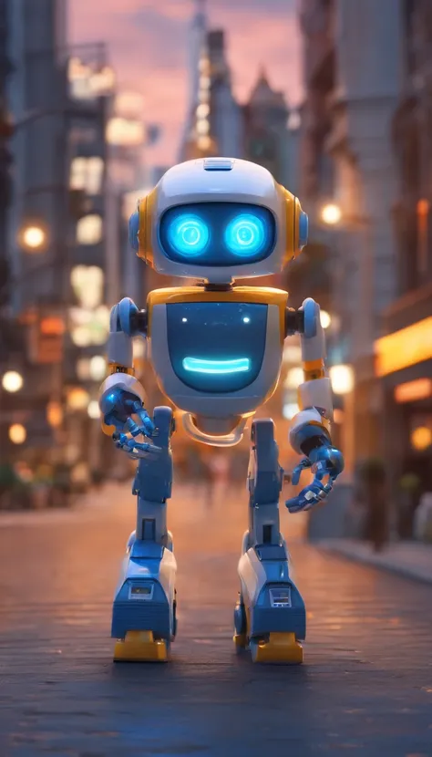 A simple Cute full Blue colour robot、Charming ,The background is a street in city