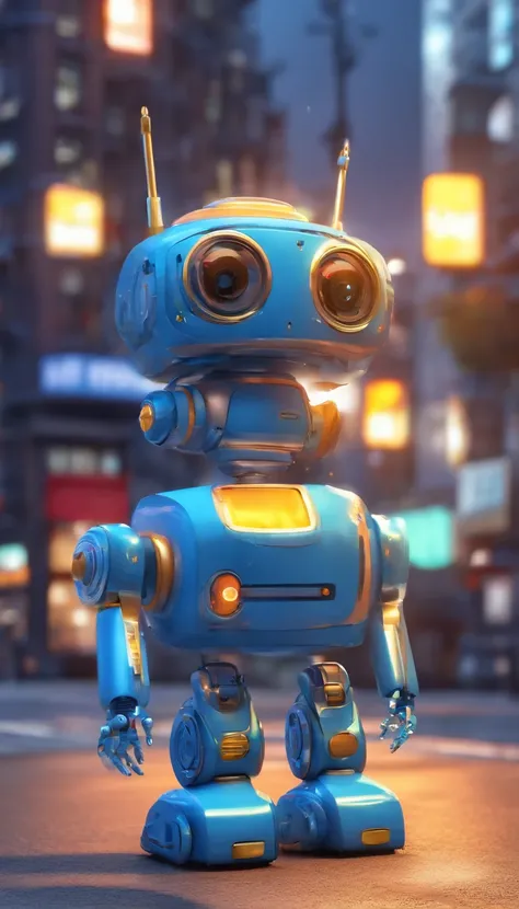 A simple Cute full Blue colour robot、Charming ,The background is a street in city