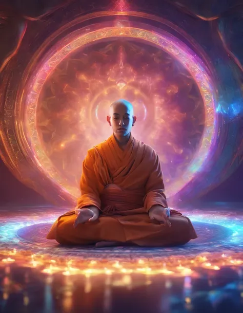 Rear view of monk meditating on iridescent aura background, Mandala style, ArtGerm, uhd image, gongbi, visual harmony, Mystical mechanism, queencore