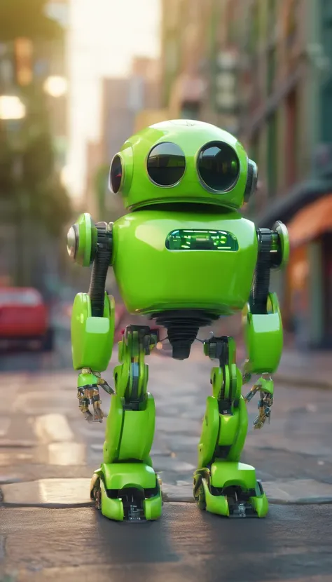 A simple Cute full green colour robot、Charming ,The background is a street in city