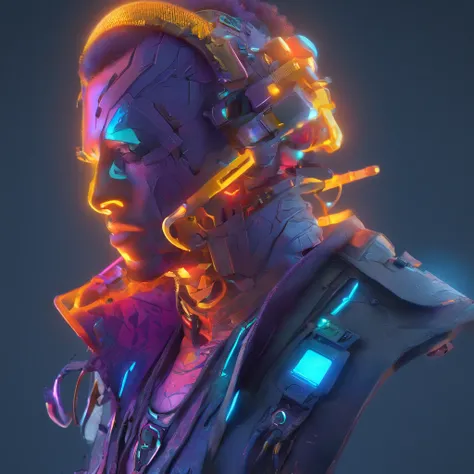 Homem soldado cyberpunk, cabelo roxo, corpo inteiro, usa casaco preto molhado com led ciano, pele wat, cabelo molhado, night  sky, chuva, pintura hiperdetallada, luminismo, arte de Carne Griffiths e arte conceitual de Wadim Kashin, 4K分辨率, fractal  isometri...