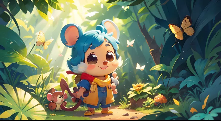 Pimpão is a charming little mouse, um sorriso encantador, Wearing a small yellow and blue colored scarf around the neck, Com Olhos Brilhantes, Pimpão befriending butterflies, conveying your friendly nature.