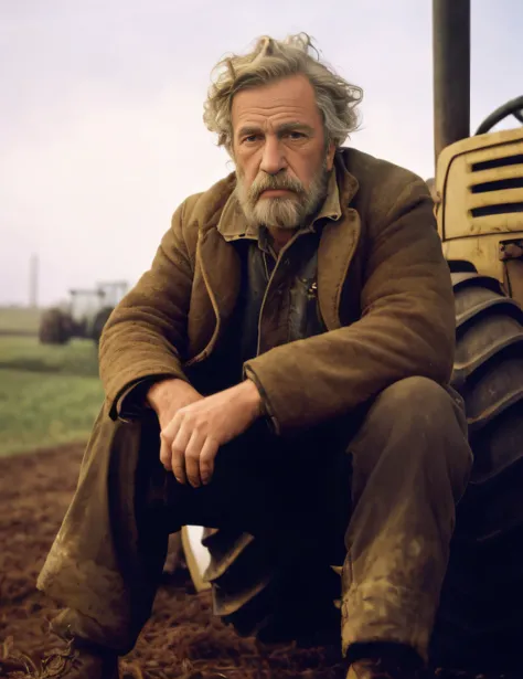 Man sitting on the ground in front of a tractor, agricultor, de uma cena de filme, robusto e sujo, Guilherme Blake, agricultura, photo from the 1850s of a farmer, homem maltrapilho, grisalho, Wyeth, A24, Directed by: Edwin Georgi, em uma fazenda, ffffound,...