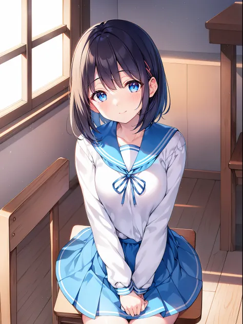 kawaii　a beauty girl　A dark-haired　short-haired　bob cuts　fluffy hair　light blue  eyes　((Light blue sailor suit))　long-sleeve　Black Pants Stockings　　School　((high-level image quality　hightquality　ultra-detailliert　8K)) Only 1 person　ssmile　1 girl in　Detaile...