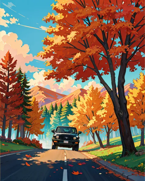 Masterpiece, a jeep car, in the road, view seemed far away, red tress, spring, adventure, nature,  primitive, profesional art, art concept, landscape, (wallpaper unified 8k), best view, HD quality, detailed, perfect view, esthetic, nft.