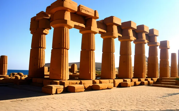 Um templo grego totalmente restaurado, Templo de Concordia em Agrigento, Com o sol se pondo