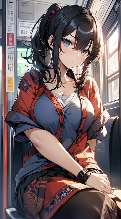 top-quality、Top image quality、​masterpiece、girl with((18year old、Best Bust、Medium bust、Bust 85,Beautiful blue eyes、Breasts wide open,Black Short Sleeve T-Shirt、Red cardigan with short sleeves、Black short skirt、Ponytail with black hair、sitting in the seat、R...