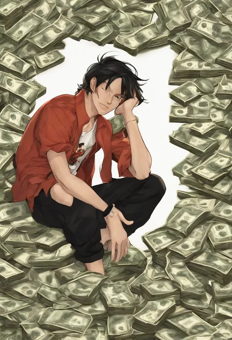 1 a close up of a person sitting on a pile of money, luffy from one piece, luffy, badass realistic high resolution 8 k, luffy (one piece, monkey d luffy, realistic wallaper, inspired by Eiichiro Oda, one piece artstyle, monkey d. luffy, 4 k manga wallpaper...